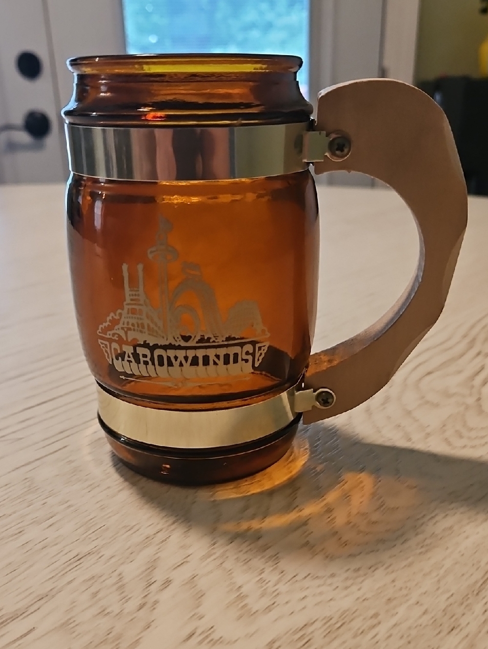 Collector Vintage Carowinds Amber Glass Beer Stein with Wood Handle